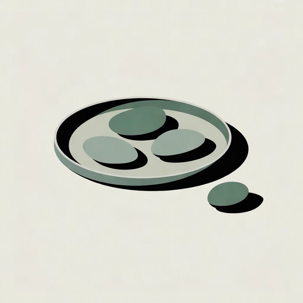 Three evergreen pebbles inside a sage oval tray, with one pebble set apart outside it.