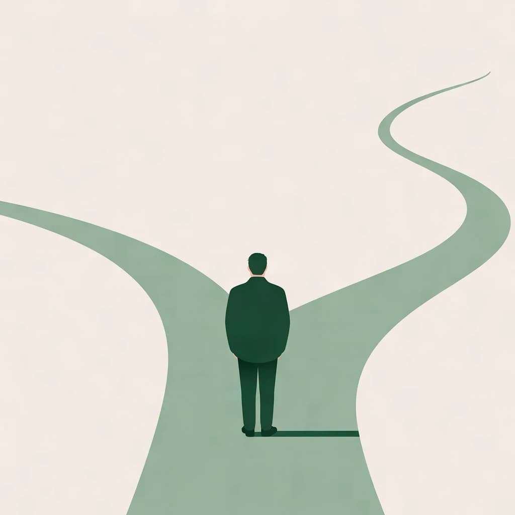 A small evergreen figure pauses where a sage path divides into two directions.