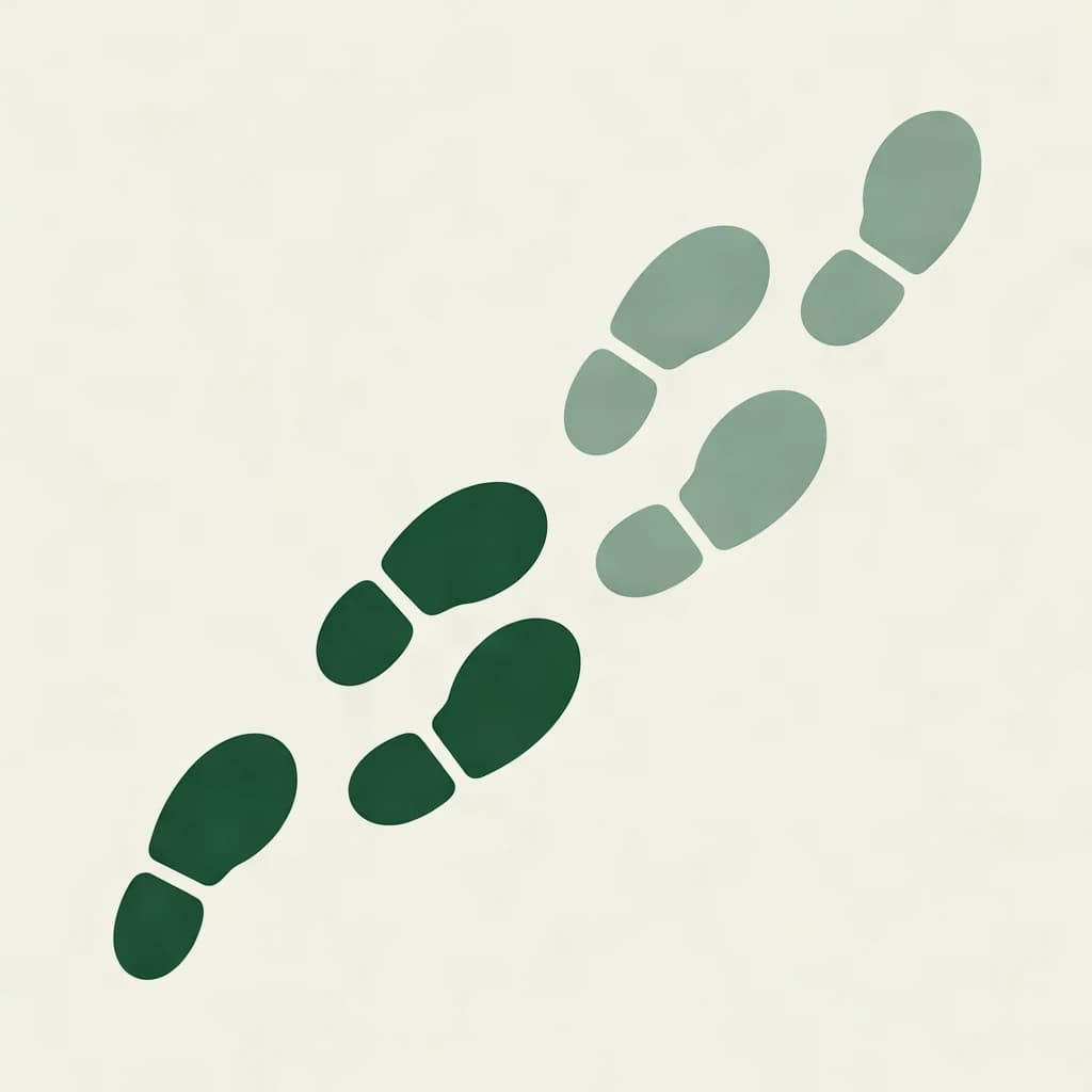 Six evergreen and sage footprint shapes follow a gentle curve across warm paper.