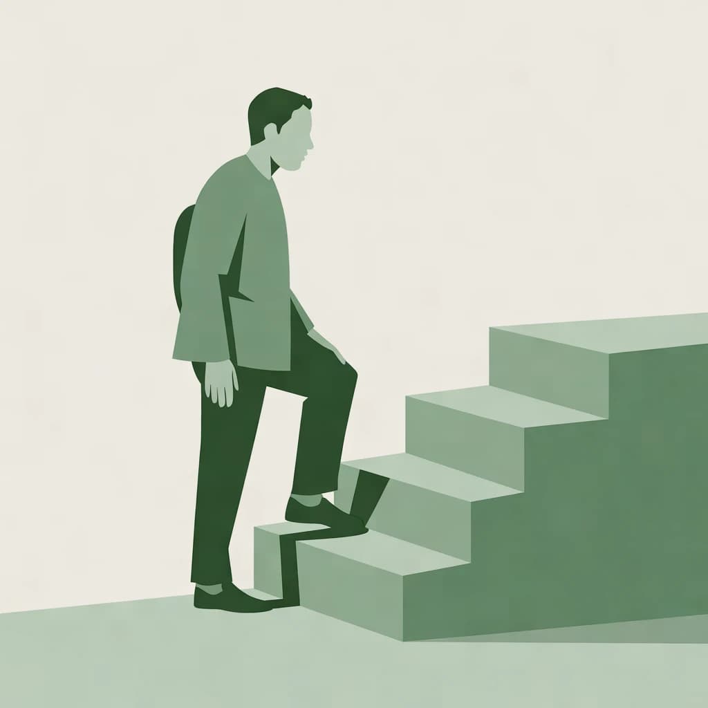 An evergreen figure stepping onto broad sage-green steps.