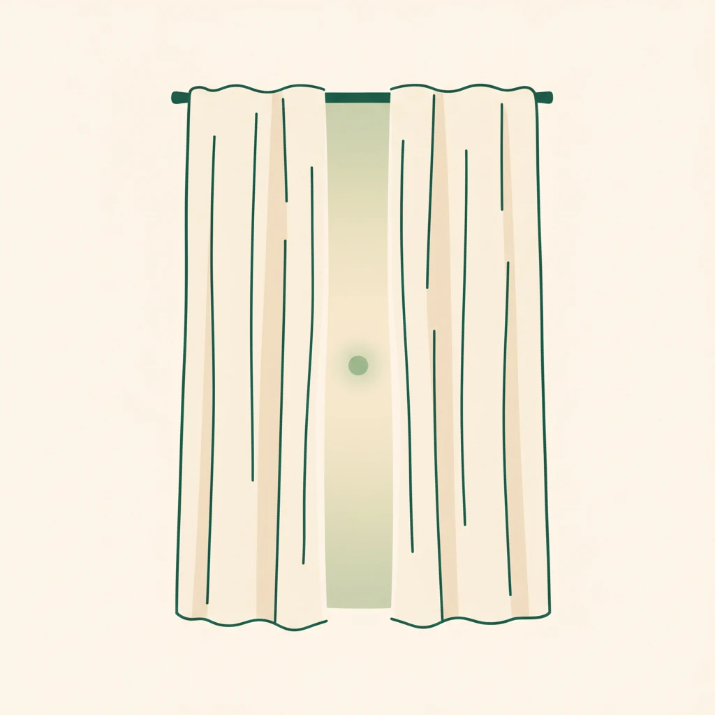 An editorial illustration of drawn linen curtains with a warm glow and the Myndo mark softly visible behind them — what is behind stays behind.