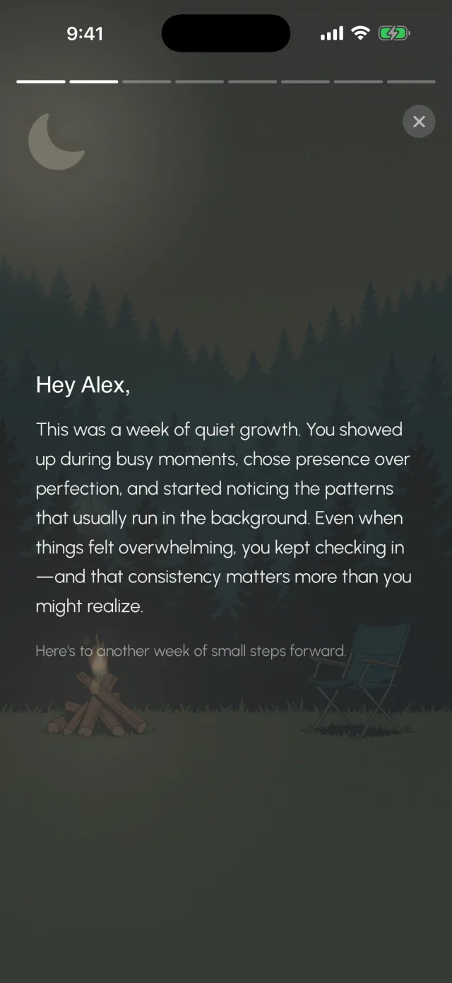 Myndo's Weekly Review story — a narrated letter that opens 'Hey Alex, this was a week of quiet growth.'